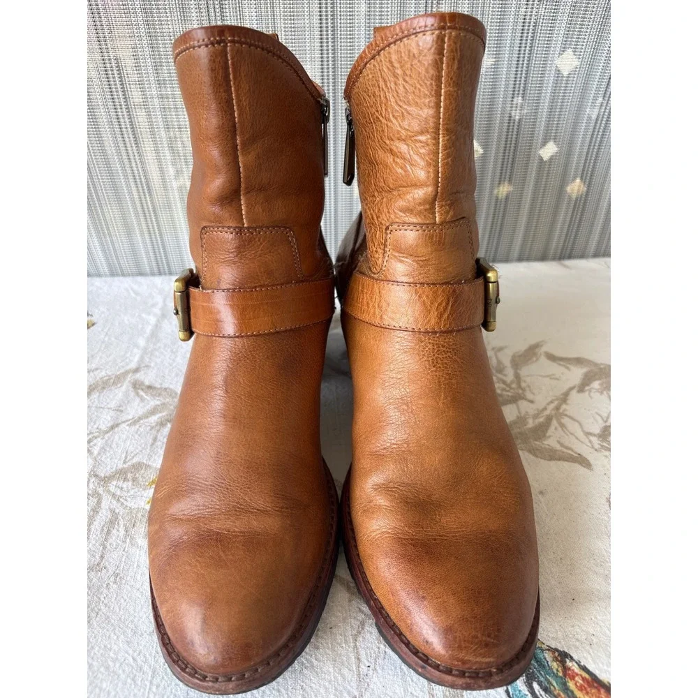 Donald J Pliner Wade Tan Leather Harness Ankle Boots Buckle Studded Brown 9M